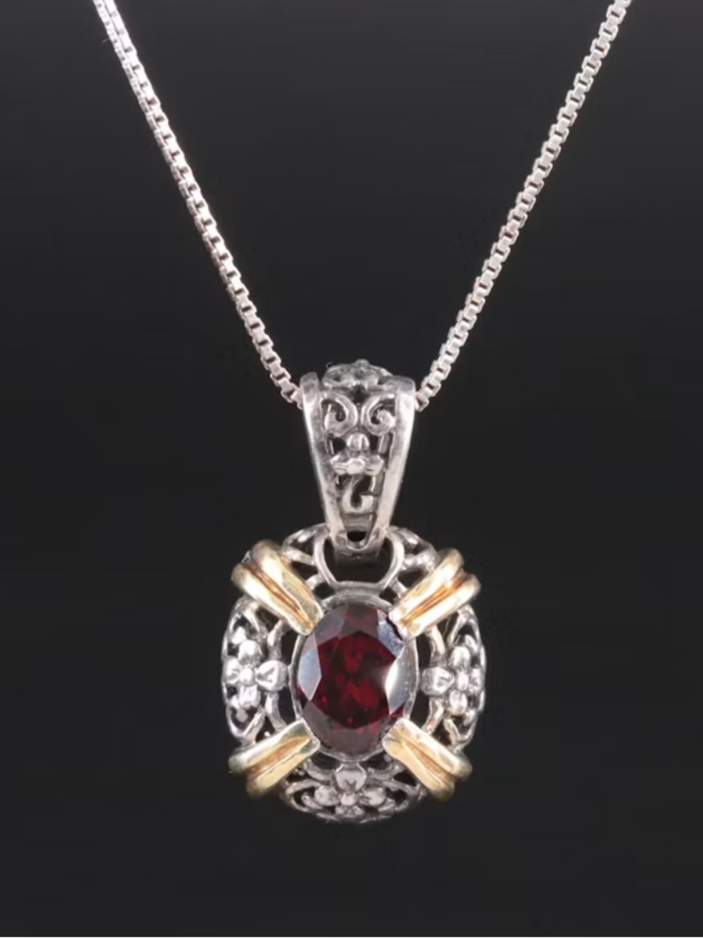 Sterling Silver Garnet Pendant Necklace with Gold Accents